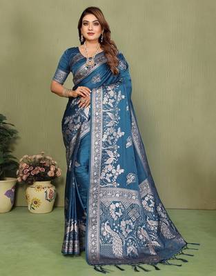 Teal blue zari butta work satin silk saree with blouse 1