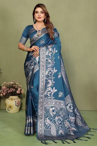 Teal blue zari butta work satin silk saree with blouse