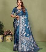 Teal blue zari butta work satin silk saree with blouse