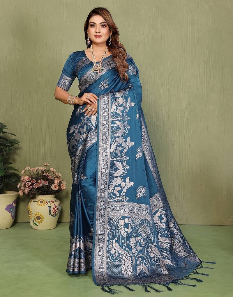 Teal blue zari butta work satin silk saree with blouse