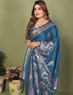 Teal blue zari butta work satin silk saree with blouse 2