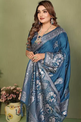 Teal blue zari butta work satin silk saree with blouse
