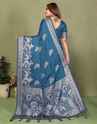 Teal blue zari butta work satin silk saree with blouse 3