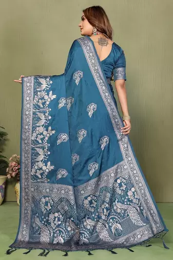 Teal blue zari butta work satin silk saree with blouse