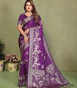 Violet zari butta work satin silk saree with blouse
