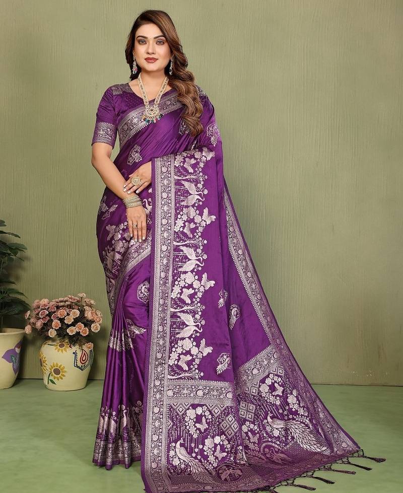Violet zari butta work satin silk saree with blouse