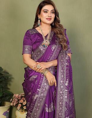 Violet zari butta work satin silk saree with blouse 2