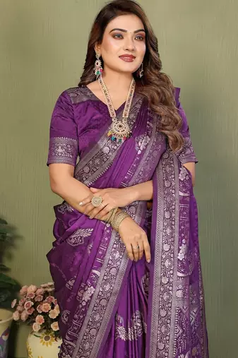 Violet zari butta work satin silk saree with blouse
