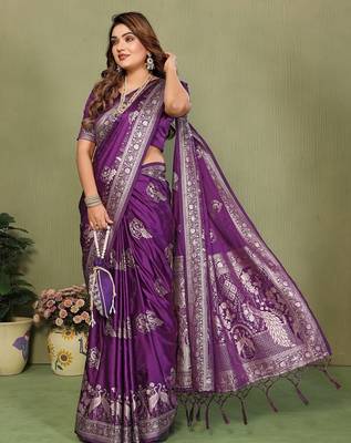 Violet zari butta work satin silk saree with blouse 3