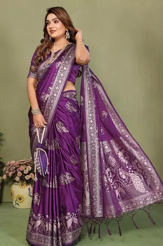 Violet zari butta work satin silk saree with blouse