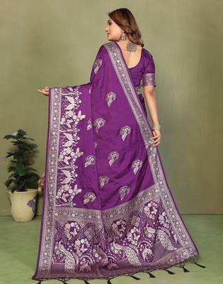 Violet zari butta work satin silk saree with blouse 4