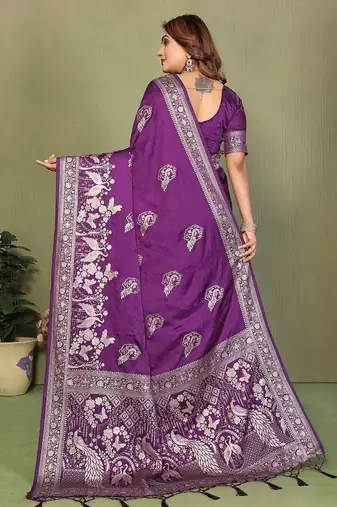Violet zari butta work satin silk saree with blouse