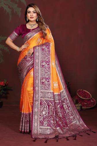 Mustard zari butta work satin silk saree with blouse