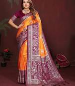 Mustard zari butta work satin silk saree with blouse