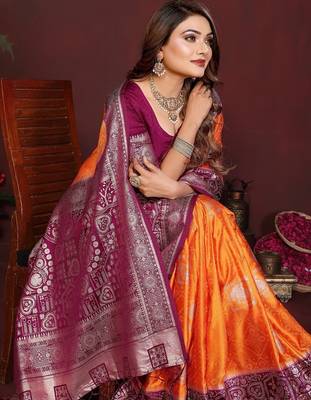 Mustard zari butta work satin silk saree with blouse 2