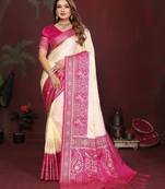 Off white zari butta work satin silk saree with blouse