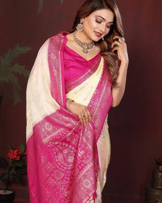 Off white zari butta work satin silk saree with blouse 2