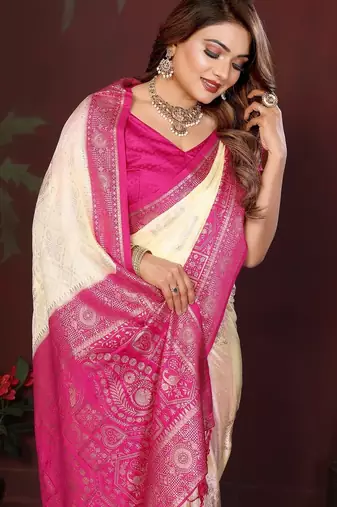 Off white zari butta work satin silk saree with blouse