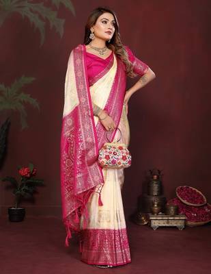 Off white zari butta work satin silk saree with blouse 3