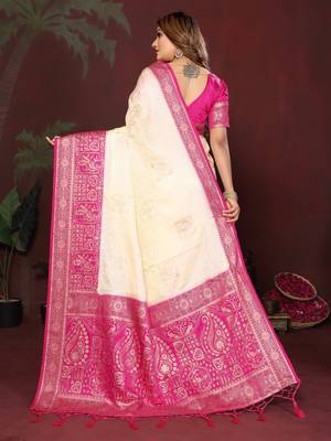 Off white zari butta work satin silk saree with blouse 4