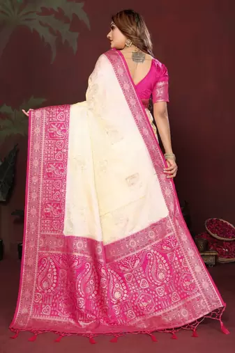 Off white zari butta work satin silk saree with blouse
