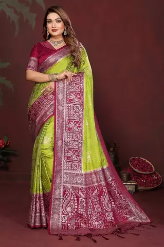 P green zari butta work satin silk saree with blouse