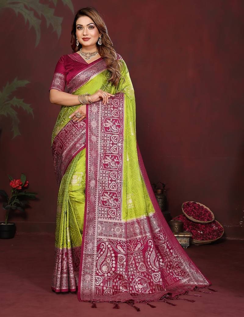 P green zari butta work satin silk saree with blouse