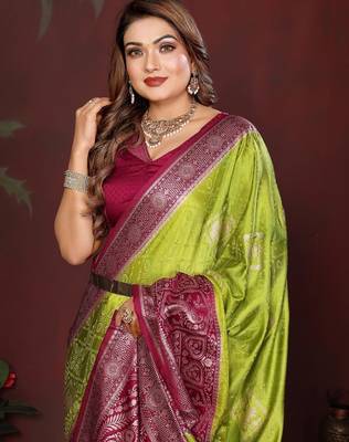 P green zari butta work satin silk saree with blouse 2