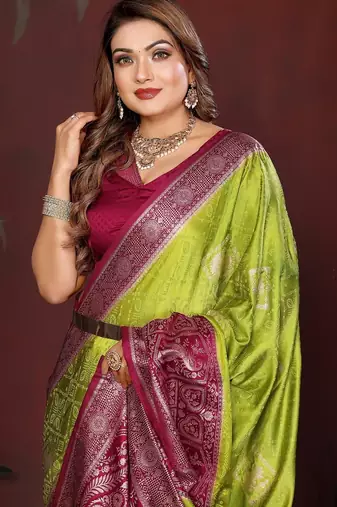 P green zari butta work satin silk saree with blouse
