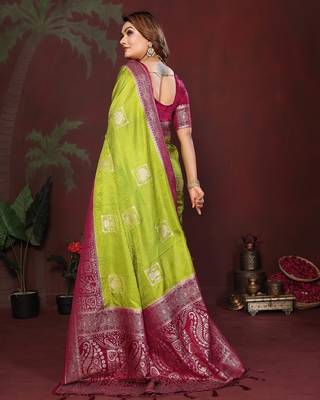 P green zari butta work satin silk saree with blouse 3