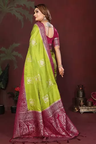 P green zari butta work satin silk saree with blouse