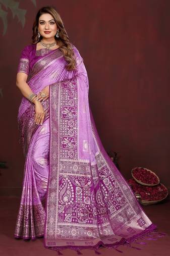 Purple zari butta work satin silk saree with blouse
