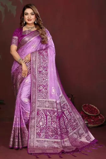 Purple zari butta work satin silk saree with blouse