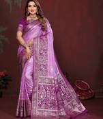 Purple zari butta work satin silk saree with blouse
