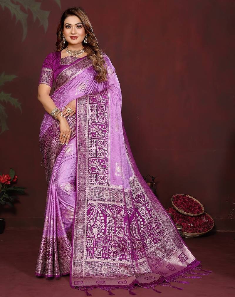Purple zari butta work satin silk saree with blouse