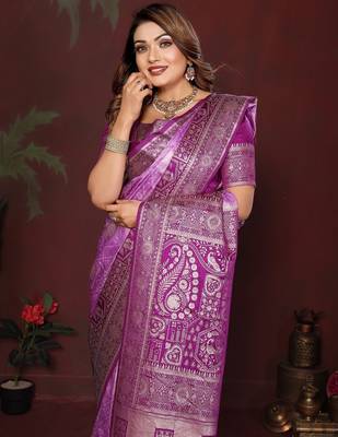 Purple zari butta work satin silk saree with blouse 2