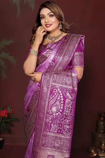 Purple zari butta work satin silk saree with blouse
