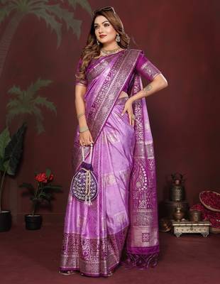Purple zari butta work satin silk saree with blouse 3
