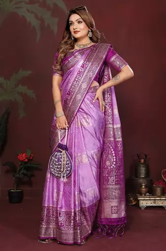 Purple zari butta work satin silk saree with blouse