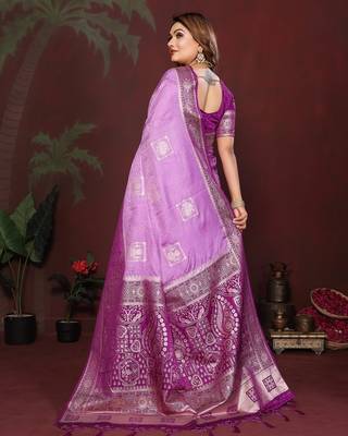 Purple zari butta work satin silk saree with blouse 4