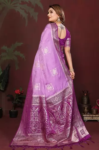 Purple zari butta work satin silk saree with blouse