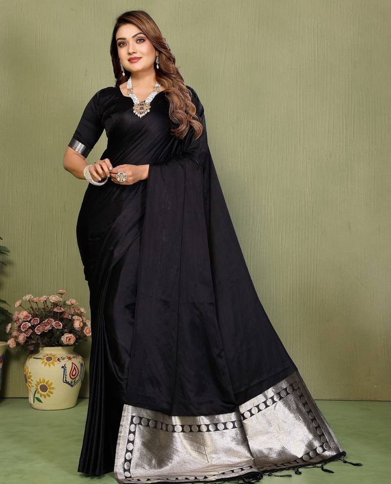 Black zari weaving work satin silk saree with blouse