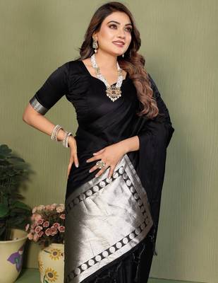 Black zari weaving work satin silk saree with blouse 2