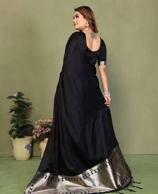 Black zari weaving work satin silk saree with blouse 3