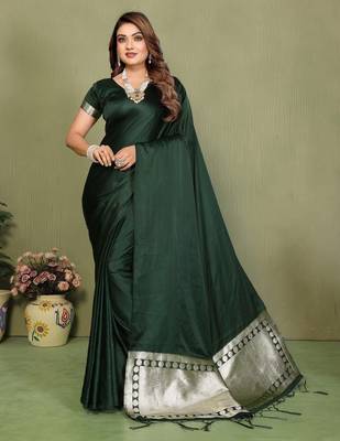 Dark green zari weaving work satin silk saree with blouse 1