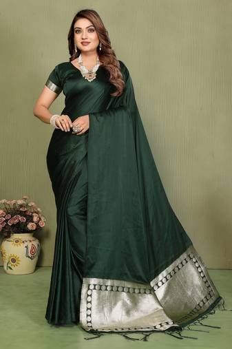 D green zari weaving work satin silk saree with blouse