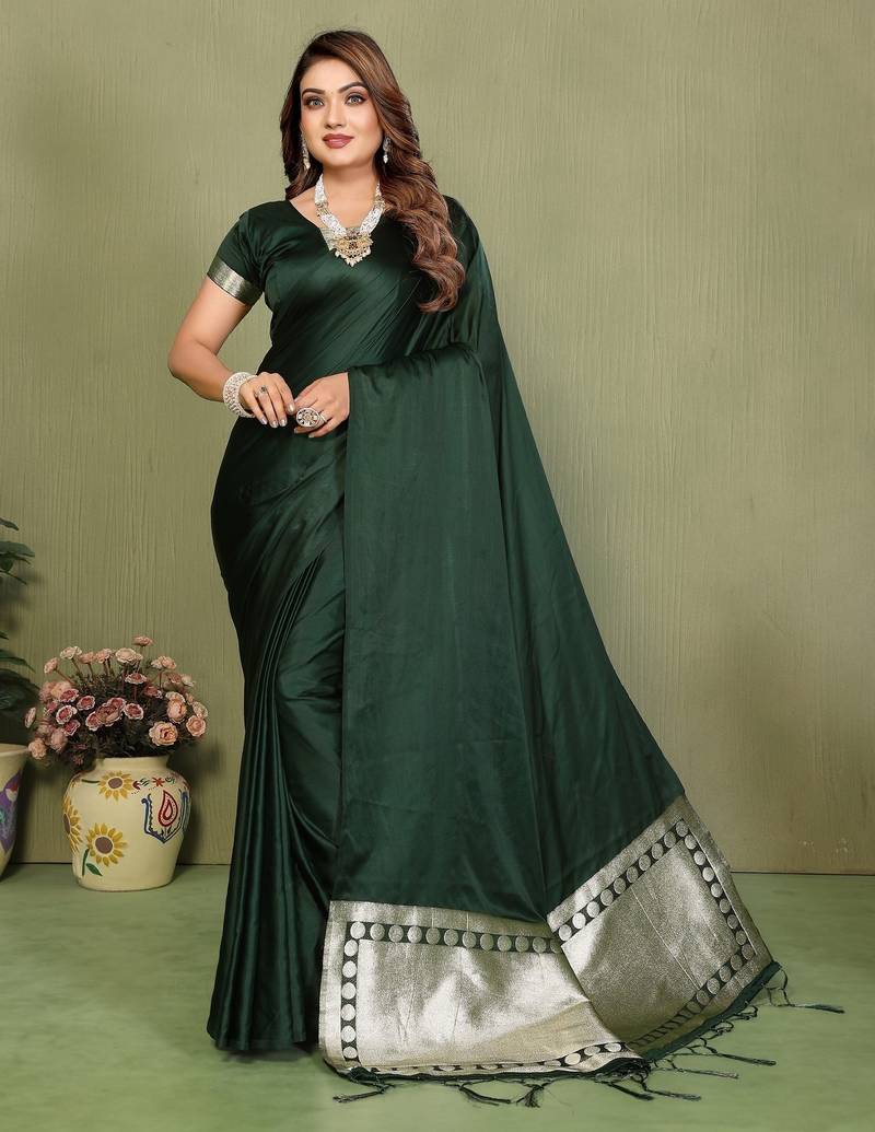 D green zari weaving work satin silk saree with blouse