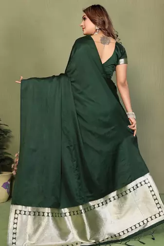 Dark green zari weaving work satin silk saree with blouse