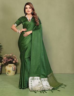 Green zari weaving work satin silk saree with blouse 1