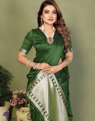 Green zari weaving work satin silk saree with blouse 2